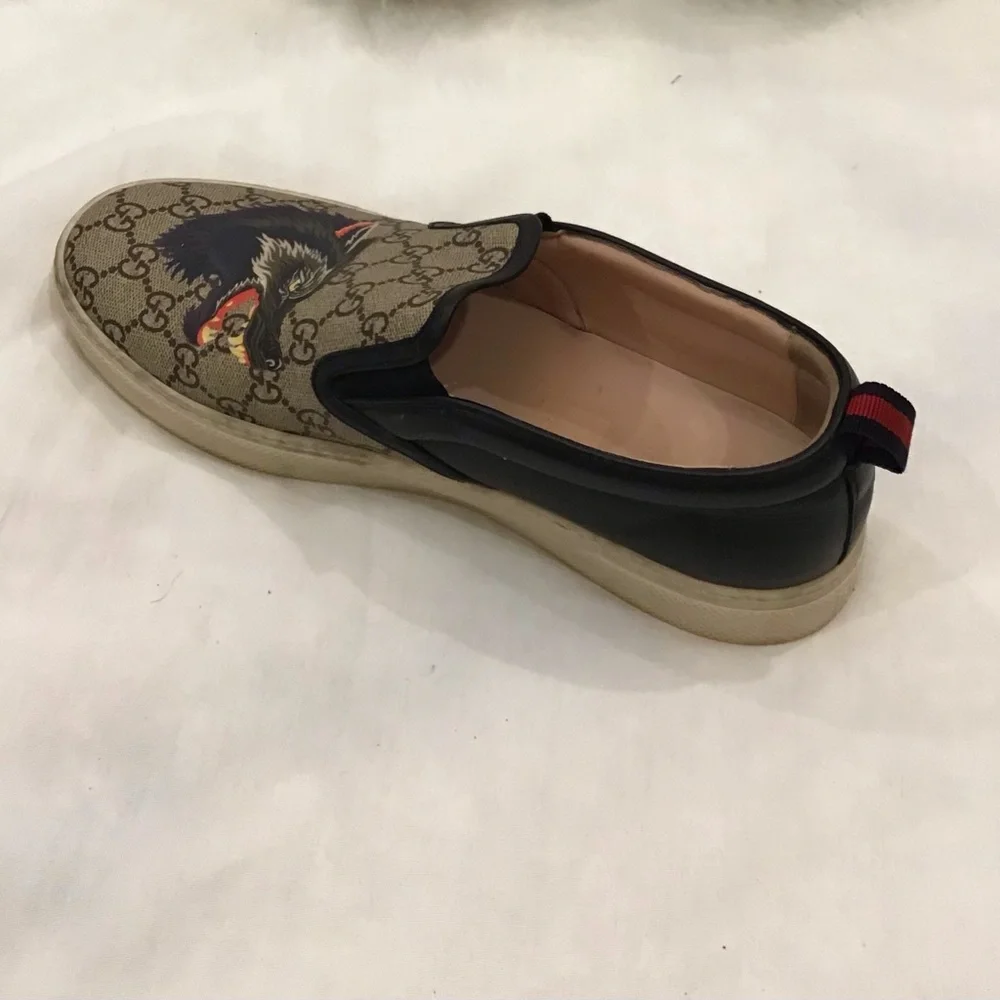 Gucci Tan Monogram Slip-On Loafers with Wolf Motif